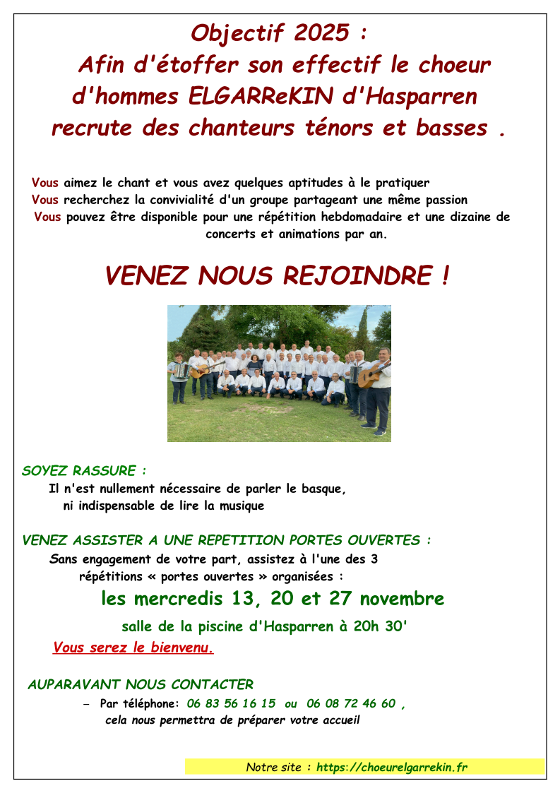 Recrutement de choristes chœur d'hommes Elgarrekin 2024